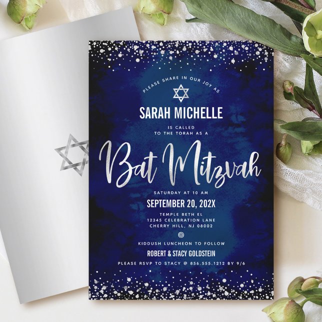 Bat Mitzvah Modern Navy Silver Glitter Foil Script Invitation (Creator Uploaded)