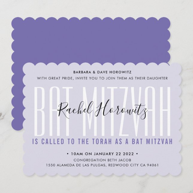 BAT MITZVAH modern overlay typography girl purple Invitation (Front/Back)