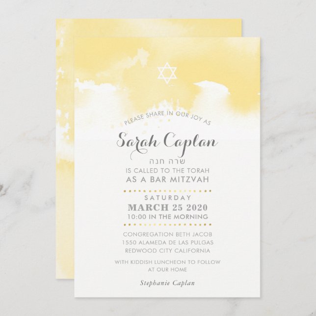 BAT MITZVAH modern pale yellow grey watercolor Invitation (Front/Back)