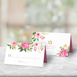 Bat Mitzvah Modern Pink Floral Watercolor Stylish Place Card