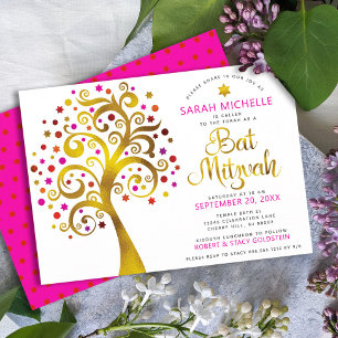 Bat Mitzvah Modern Pink Gold Foil Tree of Life Invitation
