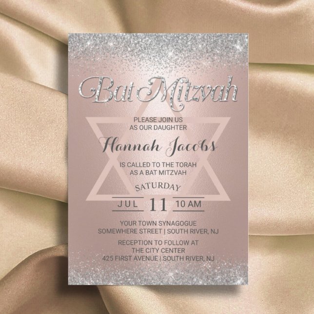 Bat Mitzvah Modern Rose Gold & Silver Glitter Invitation (Creator Uploaded)
