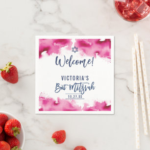 BAT MITZVAH modern script dark pink watercolor Napkin