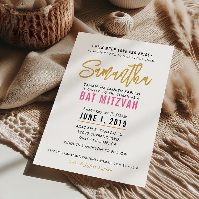 BAT MITZVAH modern script pretty pink gold Invitation (Creator Uploaded)