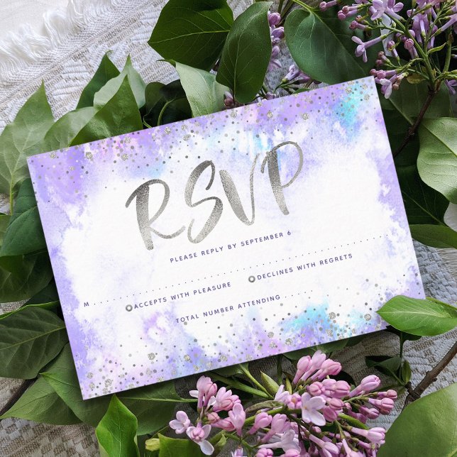 Bat Mitzvah modern silver foil purple watercolor RSVP Card (Creator Uploaded)