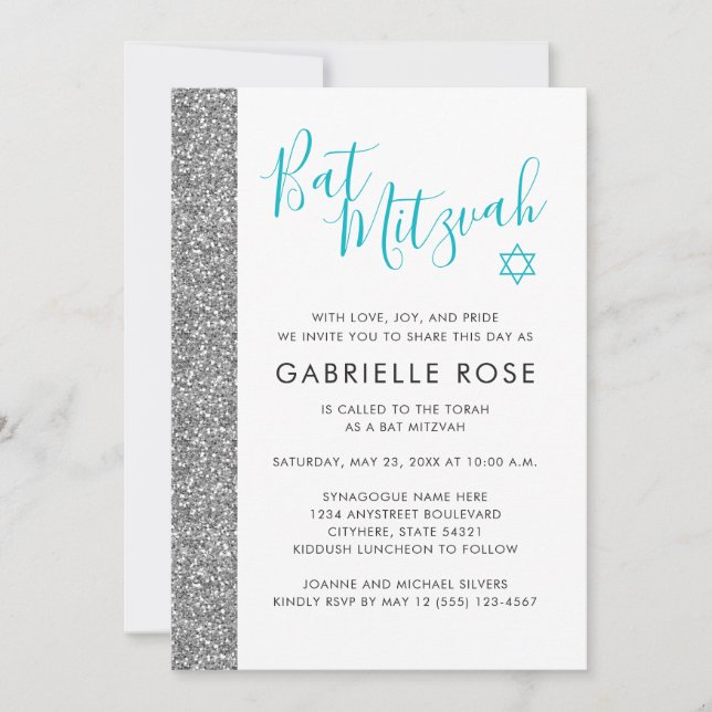 Bat Mitzvah Modern Silver Glitter Stripe Invitation (Front)