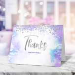 Bat Mitzvah Modern Silver Script Purple Watercolor Thank You Card<br><div class="desc">Make sure your favourite Bat Mitzvah shows her appreciation to all who supported her milestone event! Send out this stunning, modern, sparkly silver faux foil handwritten script and tiny dots overlaying a light purple watercolor background, personalised thank you note. On the front, personalise with your Bat Mitzvah’s name. Add a...</div>