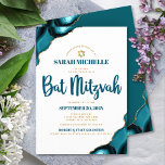 Bat Mitzvah Modern Simple Turquoise Agate Script Invitation<br><div class="desc">Be proud, rejoice and showcase this milestone of your favourite Bat Mitzvah! Send out this cool, unique, modern, personalised invitation for an event to remember. Dark teal blue script typography and faux gold Star of David overlay simple, clean white background with turquoise blue agate accented with faux gold veins. Personalise...</div>