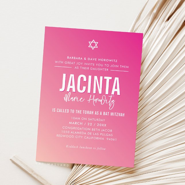 BAT MITZVAH modern star fuschia pink gradient  Invitation (Creator Uploaded)