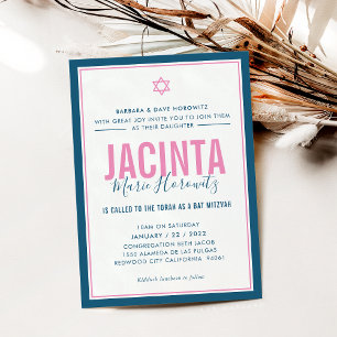 BAT MITZVAH modern star girl blue pink simple Invitation