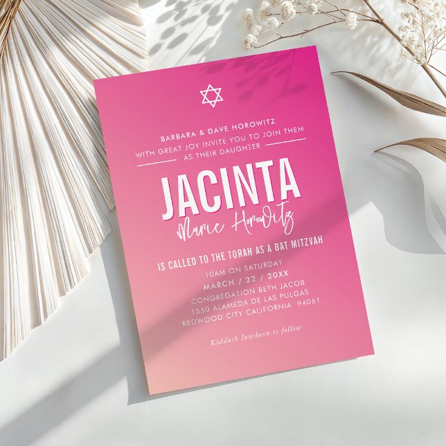 BAT MITZVAH modern star pretty pink gradient  Invitation (Creator Uploaded)