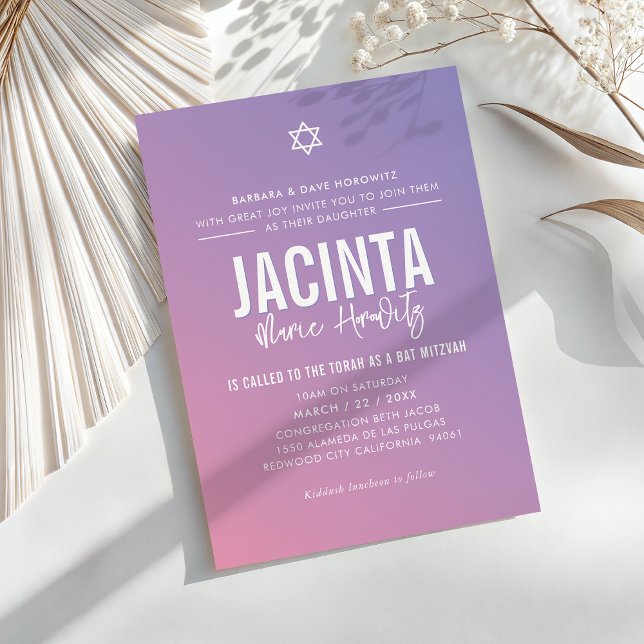 BAT MITZVAH modern star purple pink gradient  Invitation (Creator Uploaded)