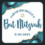 Bat Mitzvah Modern Turquoise Gold Agate Script Square Sticker<br><div class="desc">Be proud, rejoice and showcase this milestone of your favourite Bat Mitzvah! Use this cool, unique, modern, personalised sticker to add to her special day. Dark teal blue script typography and a faux gold Star of David overlay a simple, clean white background with turquoise blue agate rocks accented with faux...</div>