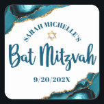 Bat Mitzvah Modern Turquoise Gold Agate Script Square Sticker<br><div class="desc">Be proud, rejoice and showcase this milestone of your favourite Bat Mitzvah! Use this cool, unique, modern, personalised sticker to add to her special day. Dark teal blue script typography and a faux gold Star of David overlay a simple, clean white background with turquoise blue agate rocks accented with faux...</div>