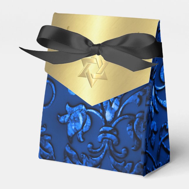 Bat Mitzvah Navy Blue Damask Favour Box (Front Side)