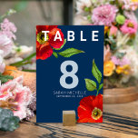 Bat Mitzvah Navy Blue Red Floral Watercolor Modern Table Number<br><div class="desc">No Bat Mitzvah party is complete without personalised table number cards. Let your favourite Bat Mitzvah be proud, rejoice and celebrate her milestone at her perfectly coordinated party. This sophisticated, chic, stunning, red floral watercolor with modern san serif type overlays a dark, navy blue background. Personalise the custom text with...</div>
