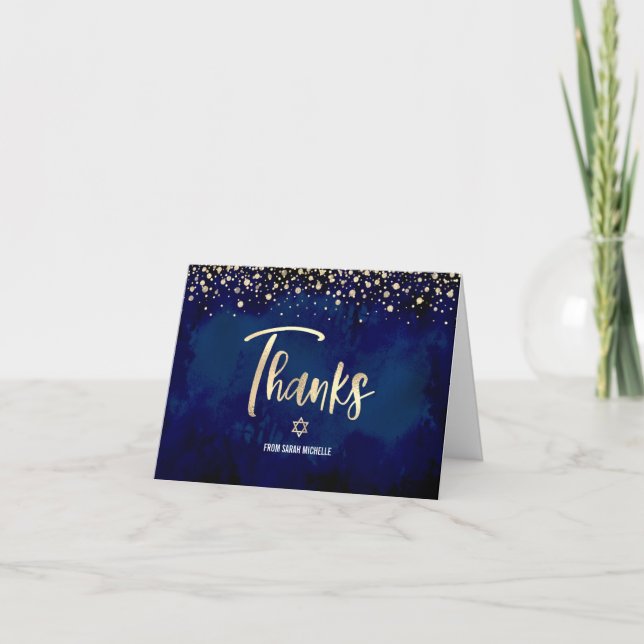 Bat Mitzvah Navy Gold Glitter Foil Elegant Script Thank You Card (Front)