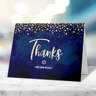 Bat Mitzvah Navy Gold Glitter Foil Elegant Script Thank You Card