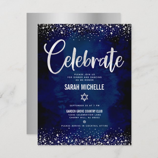 Bat Mitzvah Navy Silver Foil Glitter Script Modern Enclosure Card (Front/Back)