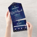Bat Mitzvah Navy Silver Glitter Script Party Bold All In One Invitation<br><div class="desc">Be proud, rejoice and showcase this milestone of your favourite Bat Mitzvah! Send out this stunning, modern, custom all-in-one invitation for an event to remember. Sparkly silver faux foil, glitter dots and typography script overlay a rich, dramatic, navy blue watercolor background. This all-in-one product is an unique combination of a...</div>