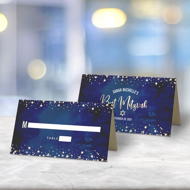 Bat Mitzvah Navy Watercolor Gold Glitter Script Place Card (Creator Uploaded)