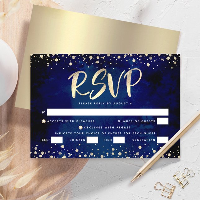 Bat Mitzvah Navy Watercolor Gold Script Entrée RSVP Card (Creator Uploaded)