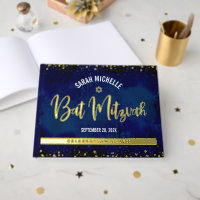 Bat Mitzvah Navy Watercolor Script Real Gold Foil
