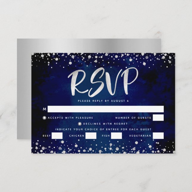 Bat Mitzvah Navy Watercolor Silver Script Entrée RSVP Card (Front/Back)