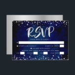 Bat Mitzvah Navy Watercolor Silver Script Entrée RSVP Card<br><div class="desc">Be proud, rejoice and showcase this milestone of your favourite Bat Mitzvah! Include this stunning, modern, personalised RSVP insert card for your event. Graphic faux silver foil calligraphy script and confetti overlay a rich, dramatic, navy blue background. Personalise the custom text with the “reply by” date and entrée choice options....</div>