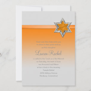 Bat Mitzvah Orange Ombre Ribbon and Star Invitation