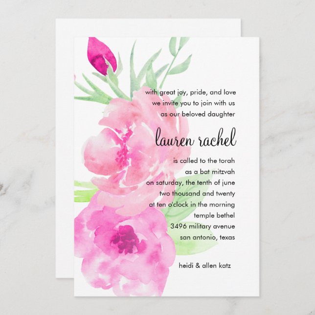Bat Mitzvah Painted Watercolor Pink Roses Invitation (Front/Back)