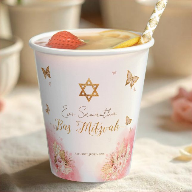 Bat Mitzvah Paper Cups | Pink Blush Butterflies (Creator Uploaded)