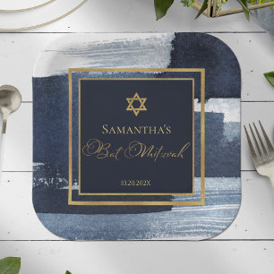 Bat Mitzvah Paper Plate Watercolor Abstract Blue