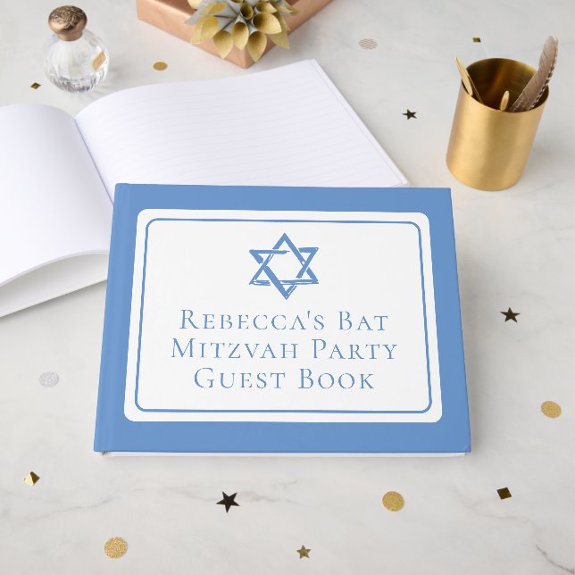 Bat Mitzvah Party Light Blue Star of David Guest Book (Front Open)