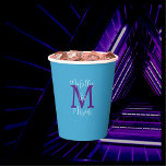 Bat Mitzvah Party Name Purple Monogram Sky Blue Paper Cups<br><div class="desc">CHOOSE YOUR COLOR and create your own stylish, personalised paper cup for a Bat Mitzvah party or any other occasion. This style defaults to a sky blue background, purple monogram, and white name and text. you can easily select a different background colour. You be the designer! Classy, elegant, modern Bat...</div>