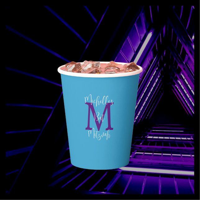 Bat Mitzvah Party Name Purple Monogram Sky Blue Paper Cups (Creator Uploaded)