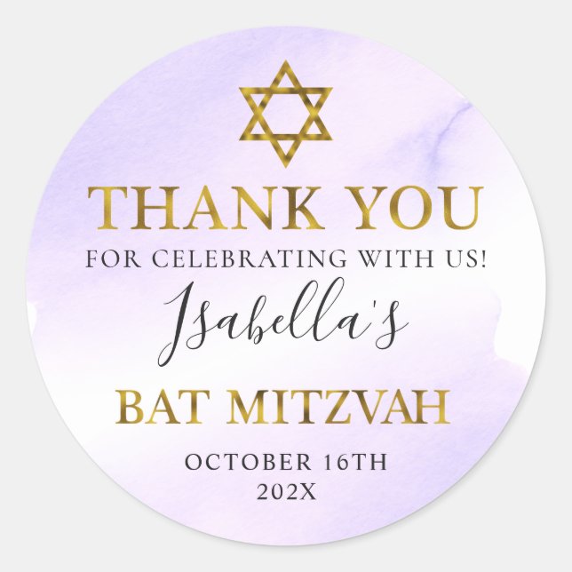 Bat Mitzvah Pastel Purple Gold Thank You Classic Round Sticker (Front)