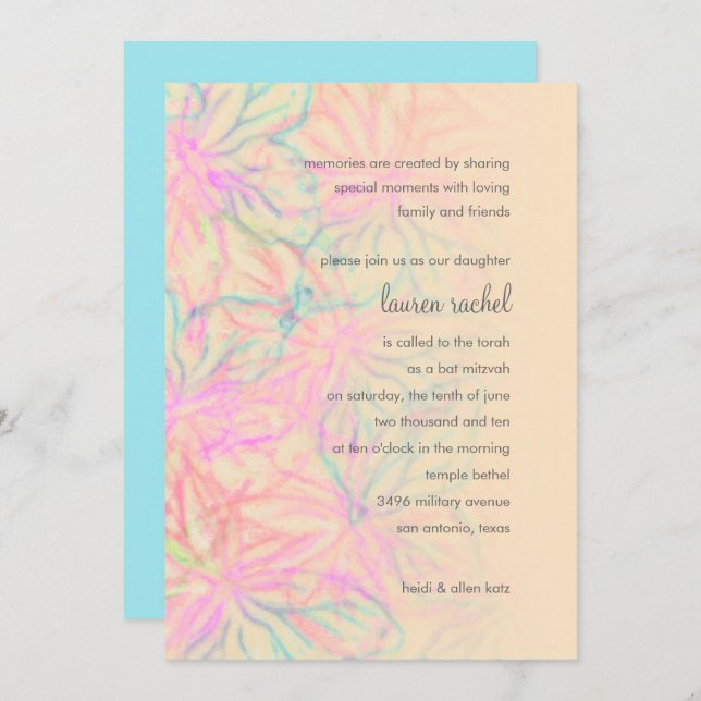 Bat Mitzvah Peach Turquoise Pink Invitation (Front/Back)