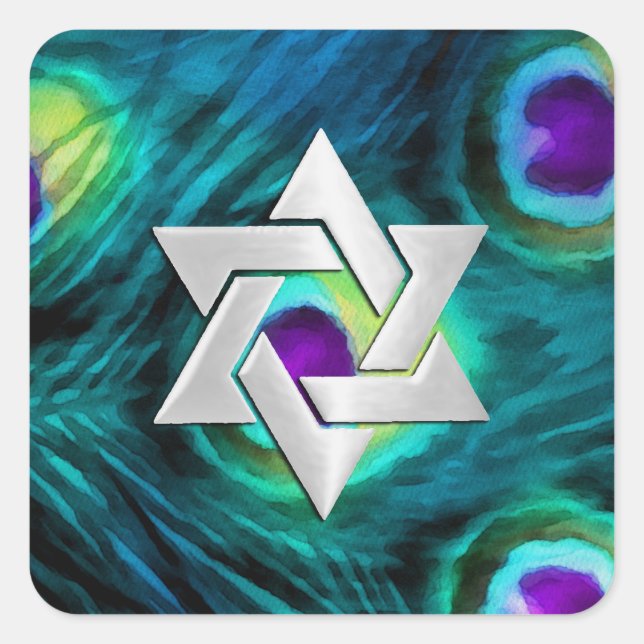 Bat Mitzvah Peacock Silver Star Purple and Teal Square Sticker (Front)