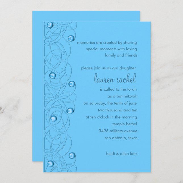 Bat Mitzvah Pearls and Lace Turquoise on Any Colou Invitation (Front/Back)