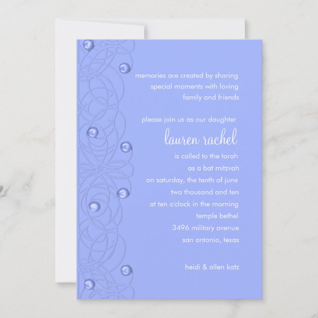 Bat Mitzvah Pearls Lace Periwinkle on Any Colour Invitation (Front)