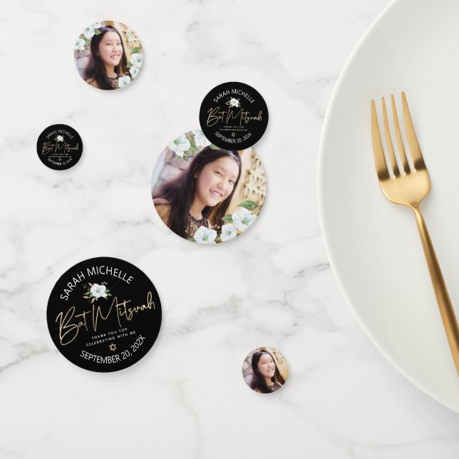 Bat Mitzvah Photo Black Gold Script Elegant Floral Confetti (Group)