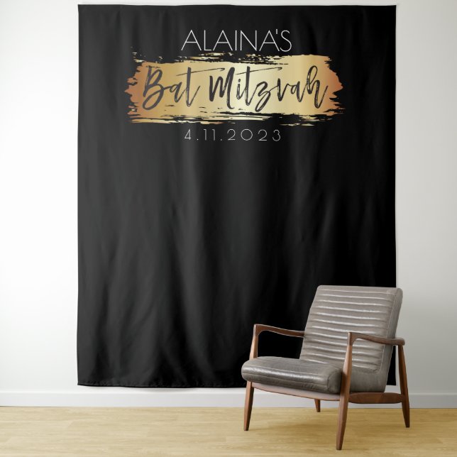 Bat Mitzvah Photo Booth Party Backdrop Gold Black Tapestry (In Situ)