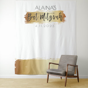 Bat Mitzvah Photo Booth Party Backdrop Gold White Tapestry