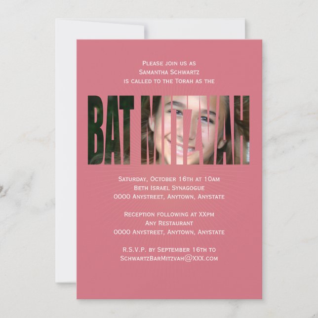 Bat Mitzvah Photo Invitation in Pink (Front)