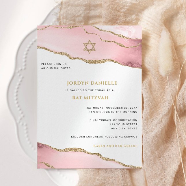 Bat Mitzvah, Pink and Gold Glitter Agate Modern Invitation (Creator Uploaded)