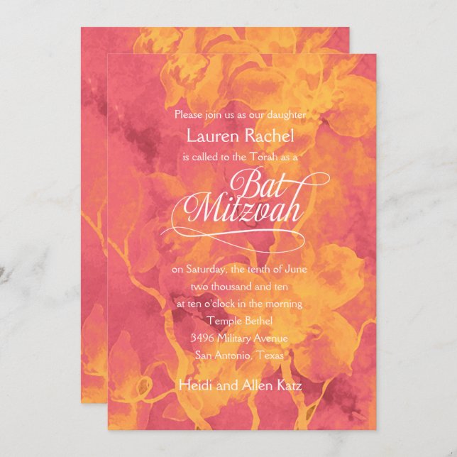Bat Mitzvah Pink and Orange Watercolor Flowers Invitation (Front/Back)