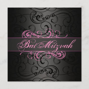 Bat Mitzvah Pink & Black Swirl Birthday Invitation