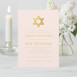 Bat Mitzvah Pink & Faux Gold Star of David Simple Invitation