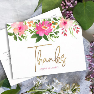 Bat Mitzvah Pink Floral Gold Script Thank You Postcard